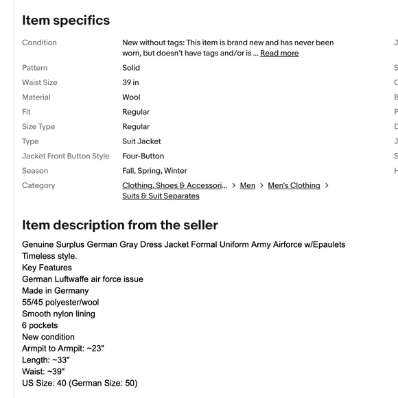 Vtg German Army Air force Uniform Gray Wool Blend Dress Jacket w Epaulets 40 US - Picture 7 of 7